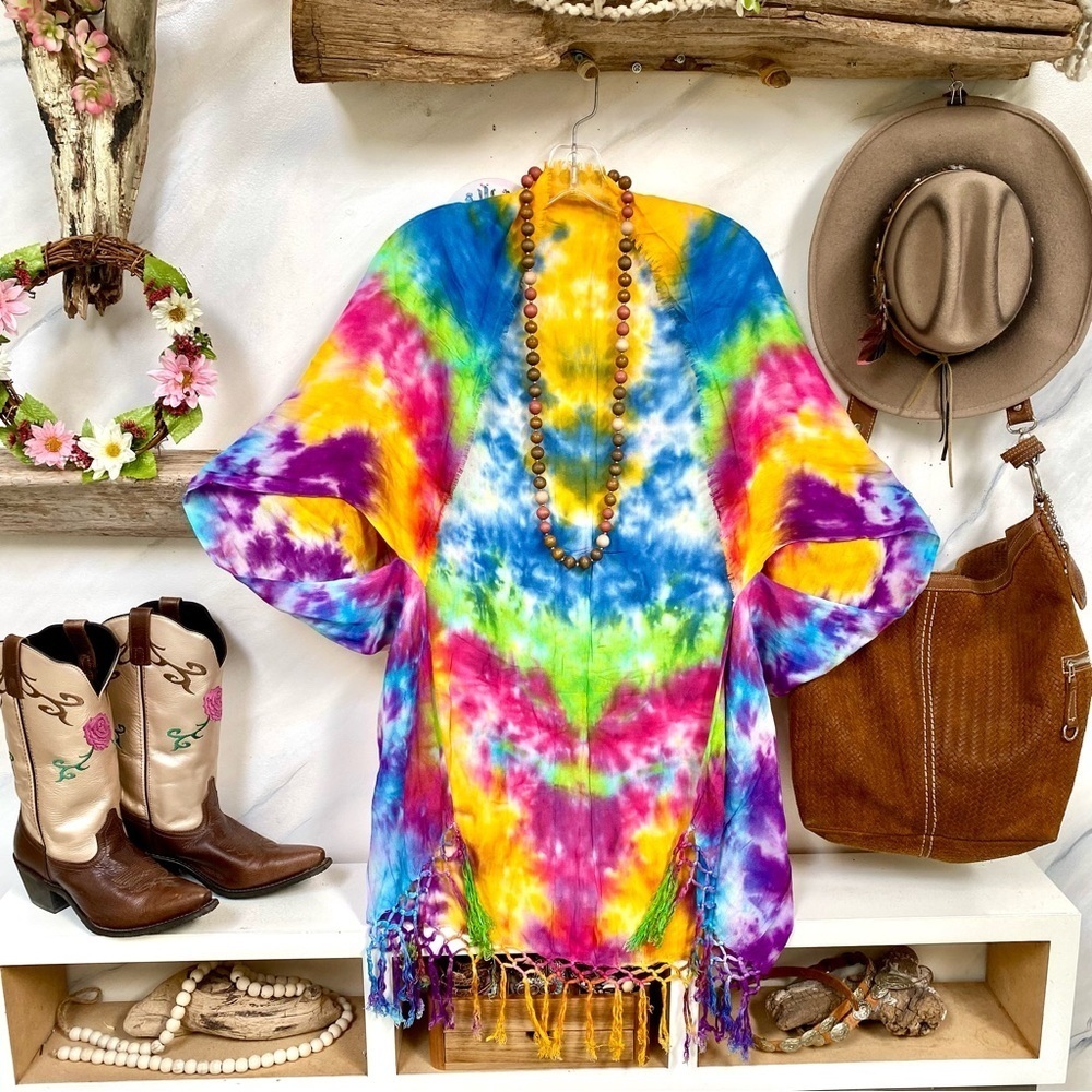 Artisan Tie dye duster Gypsy Cocoon Cape cardi boho lounge hippy retro vibe